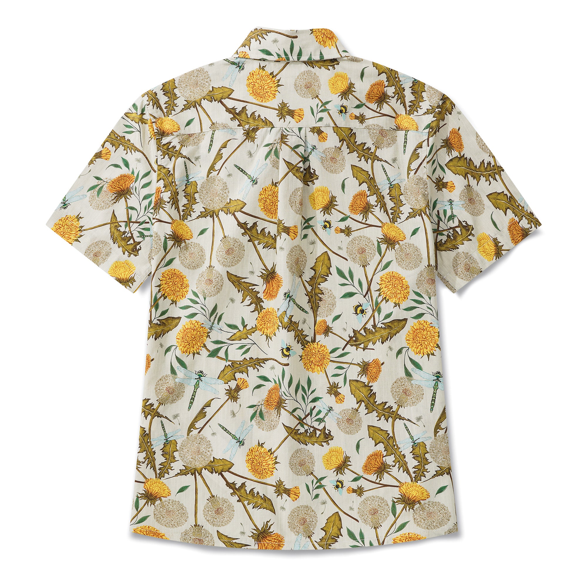 Women's Hawaiian Shirt Short Sleeve Button-up 100% Cotton Yellow Aloha Dandelions and Dragonflies By Silver Steer Design