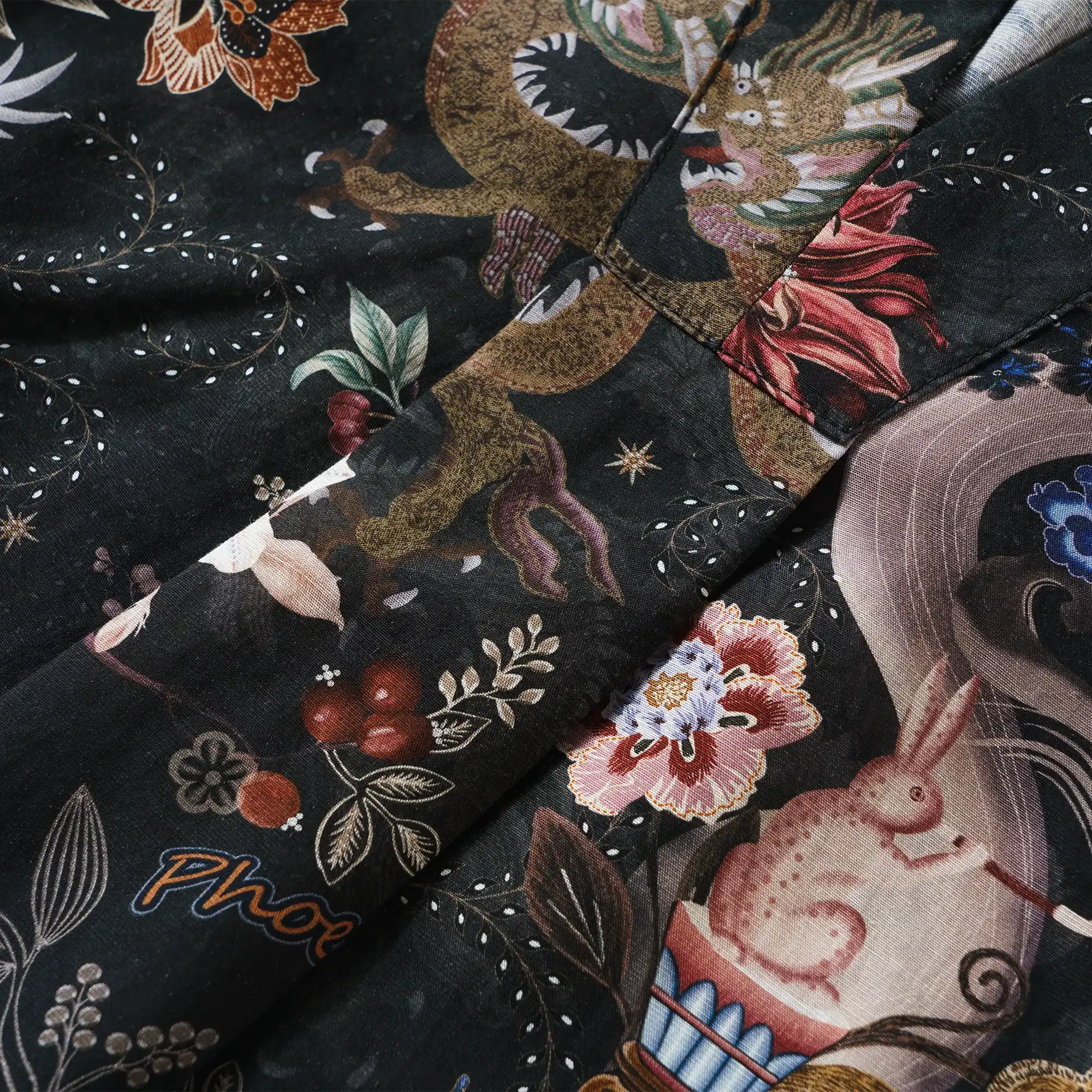 Close-up of dragon print on black blouse, V-neck, 3/4 sleeve