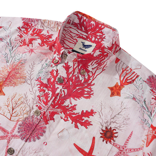 Herren Marine Life Hawaiian Shirt Kurzarm Button-Down 100% Baumwolle Pink Aloha Korallen Traum