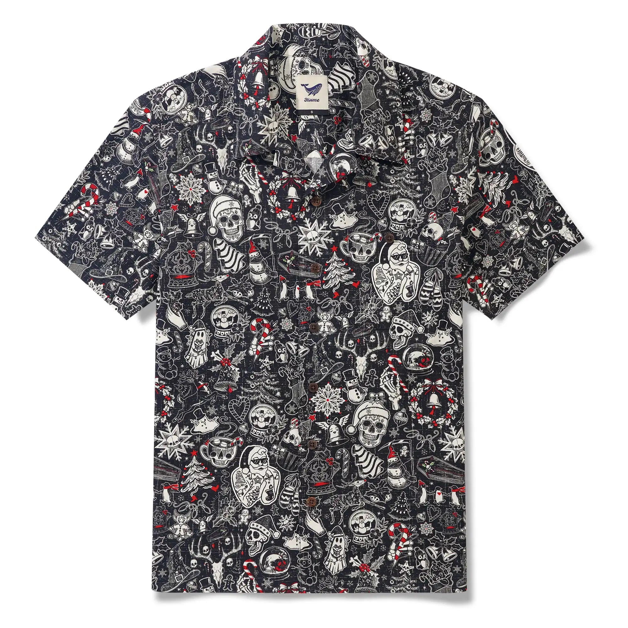 Men's Hawaiian Shirt Short Sleeve Camp Collar 100% Cotton Black Aloha Christmas Party