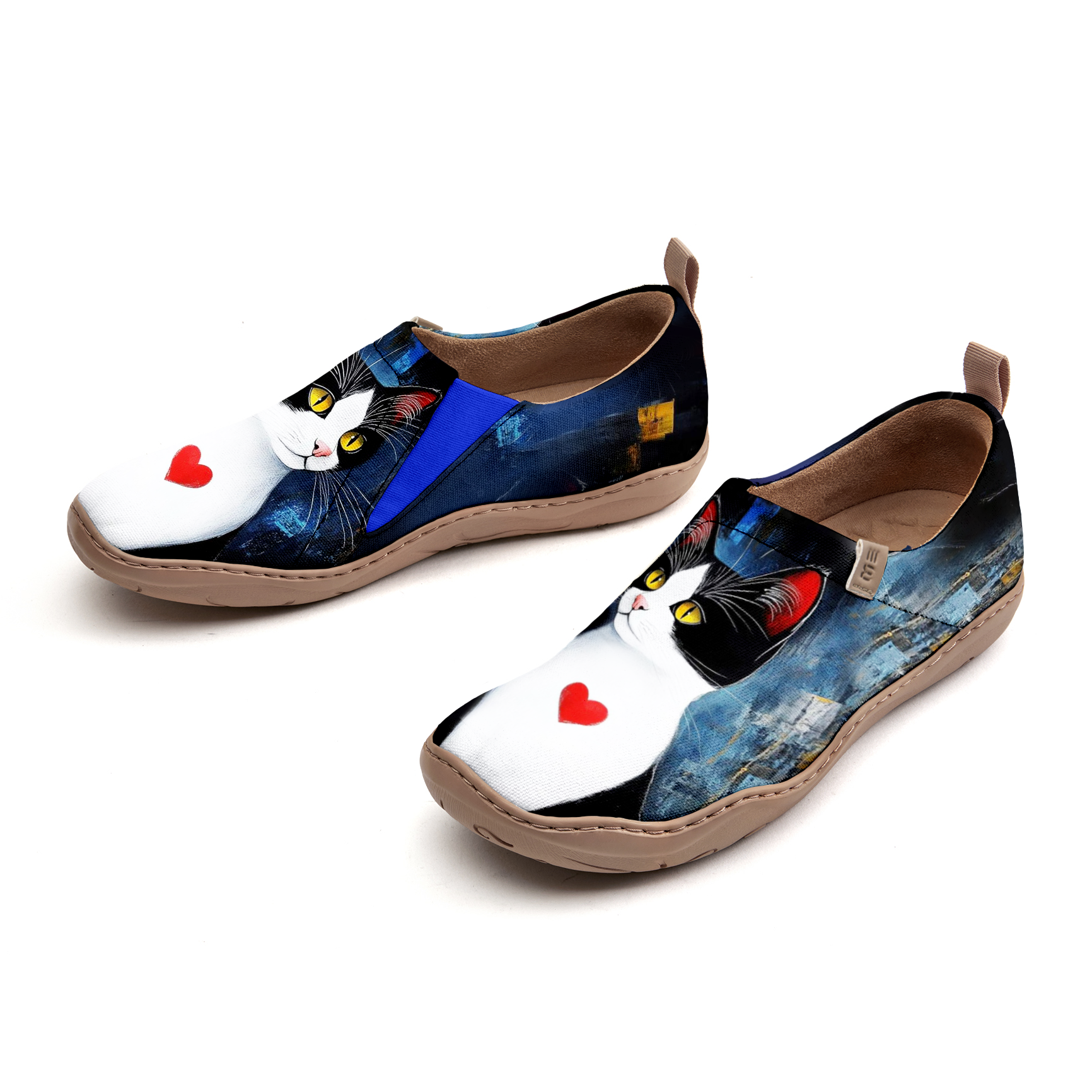 Yiume Frauenkunst Slip-on lässig Canvas Schuhe Herz markiert mew bemalt, 100% Baumwolle schwarze Katze Liebe