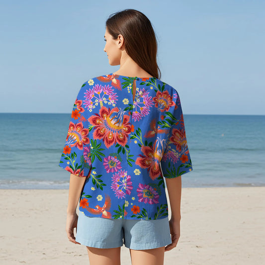 Women Casual Blouse Elbow Sleeve Round Neck Button-Back 95% Lyocell, 5% Linen Blue Aloha Vibrant Tropical Garden
