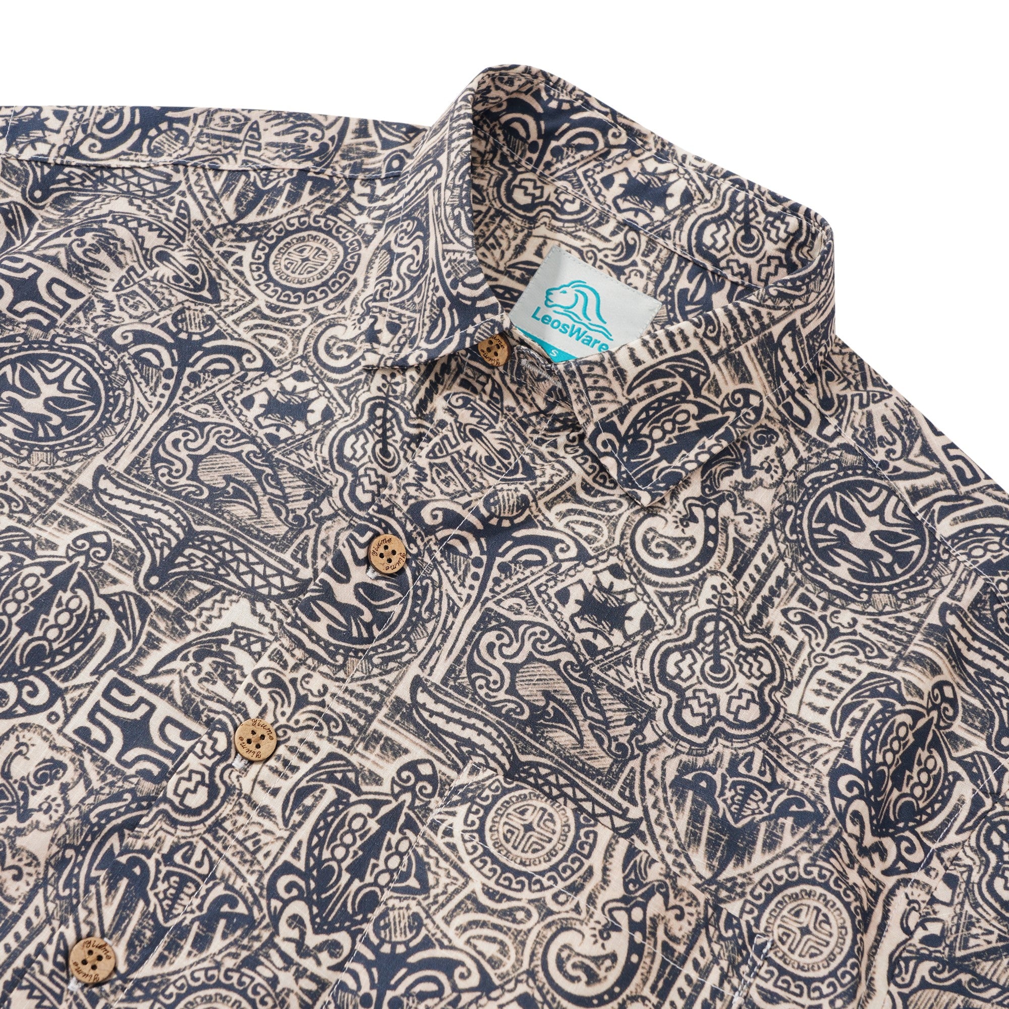 LeosWare® Men's Hawaiian Shirt Short Sleeve Button-up 100% Cotton Blue Aloha Exotic Tribe Gray-blue Art Pattern Painting