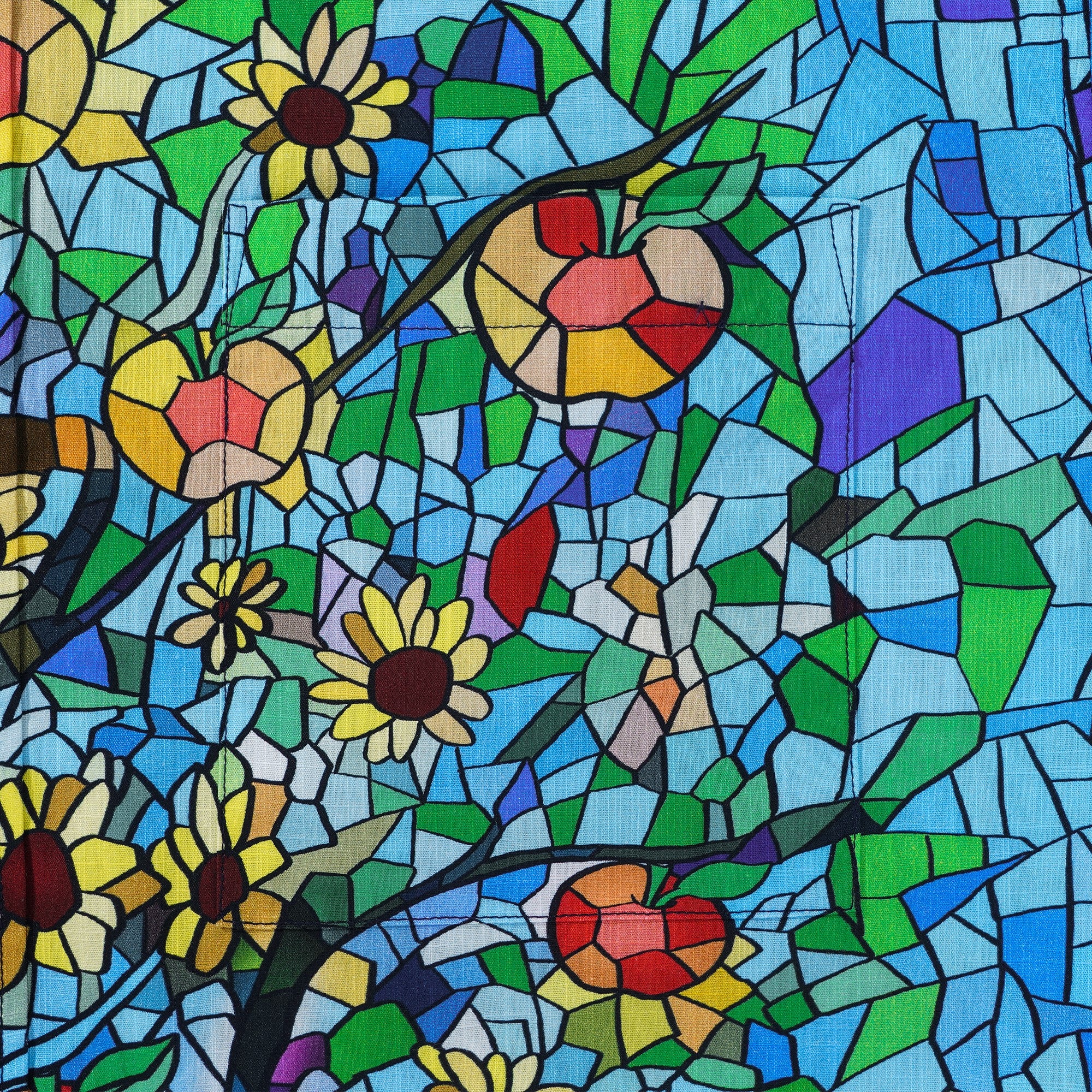 Men’s Blue Hawaiian Shirt – Orchard & Stained Glass Print 100% Cotton Short Sleeve Aloha Shirt