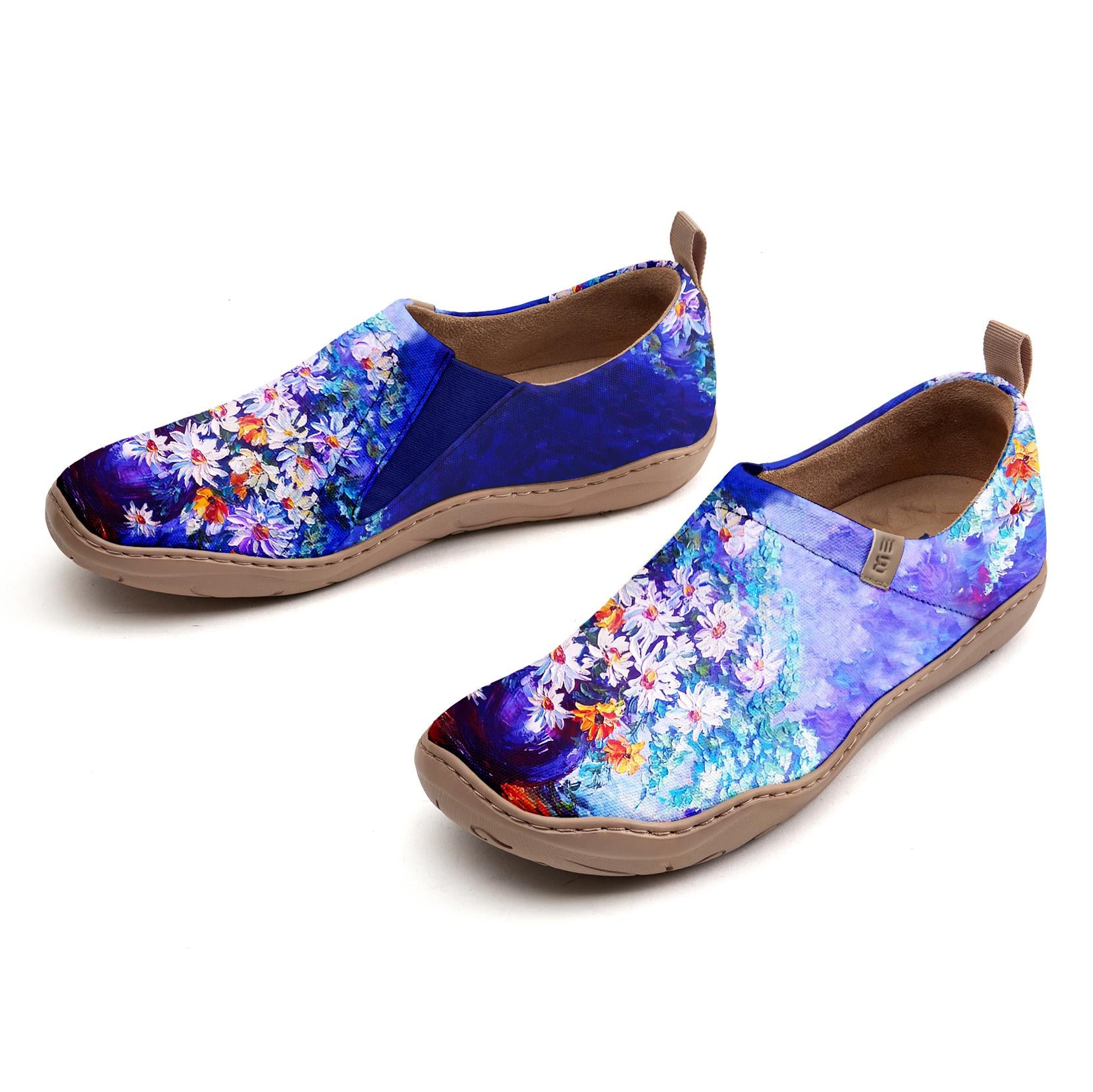 Yiume Femmes pour femmes Slip-On Casual Canvas Chaussures Bleu et Purple Huile Painting Flowers Peint, 100% Coton