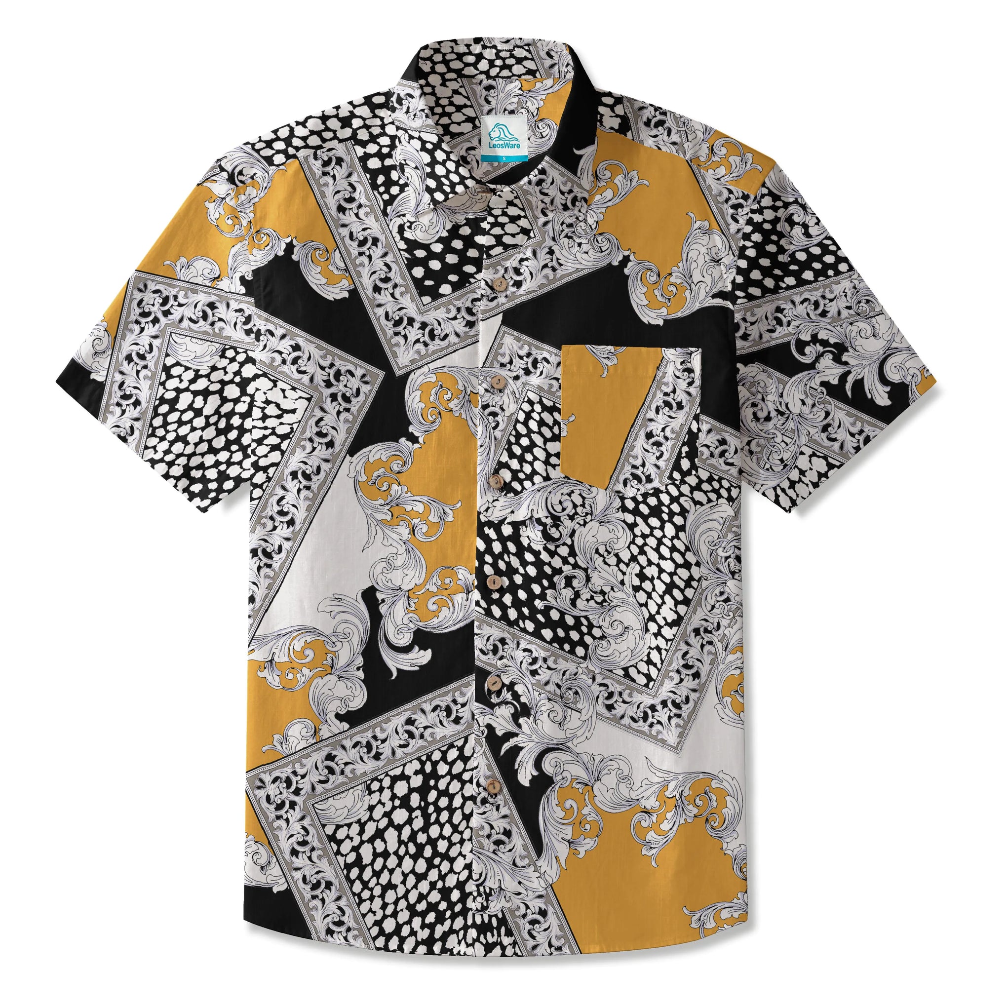 LeosWare® Men's Hawaiian Shirt Short Sleeve Button-up 100% Cotton Orange Aloha Luxurious Geometric Charm