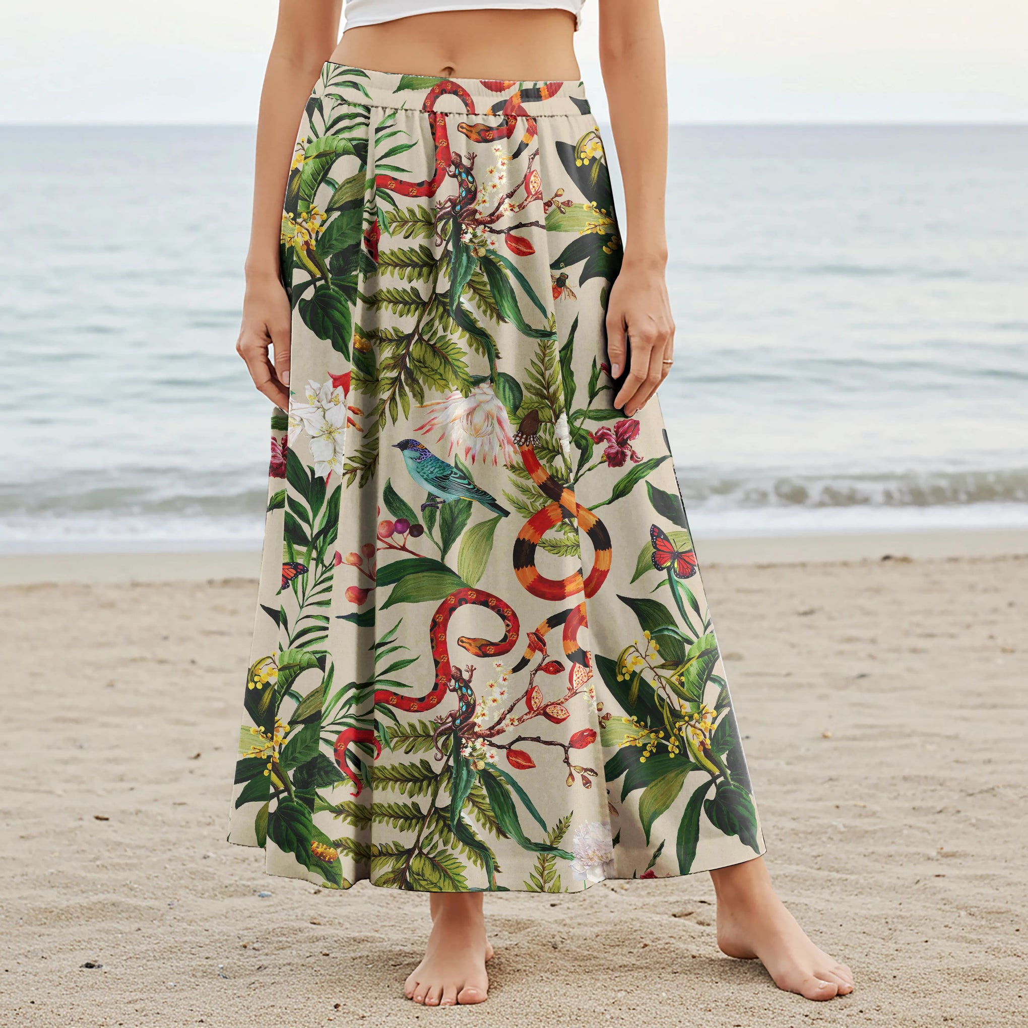 Women Casual Maxi Skirt Long Elastic Waist with Pockets 100% Cotton Green Aloha Jungle Rave Fiesta