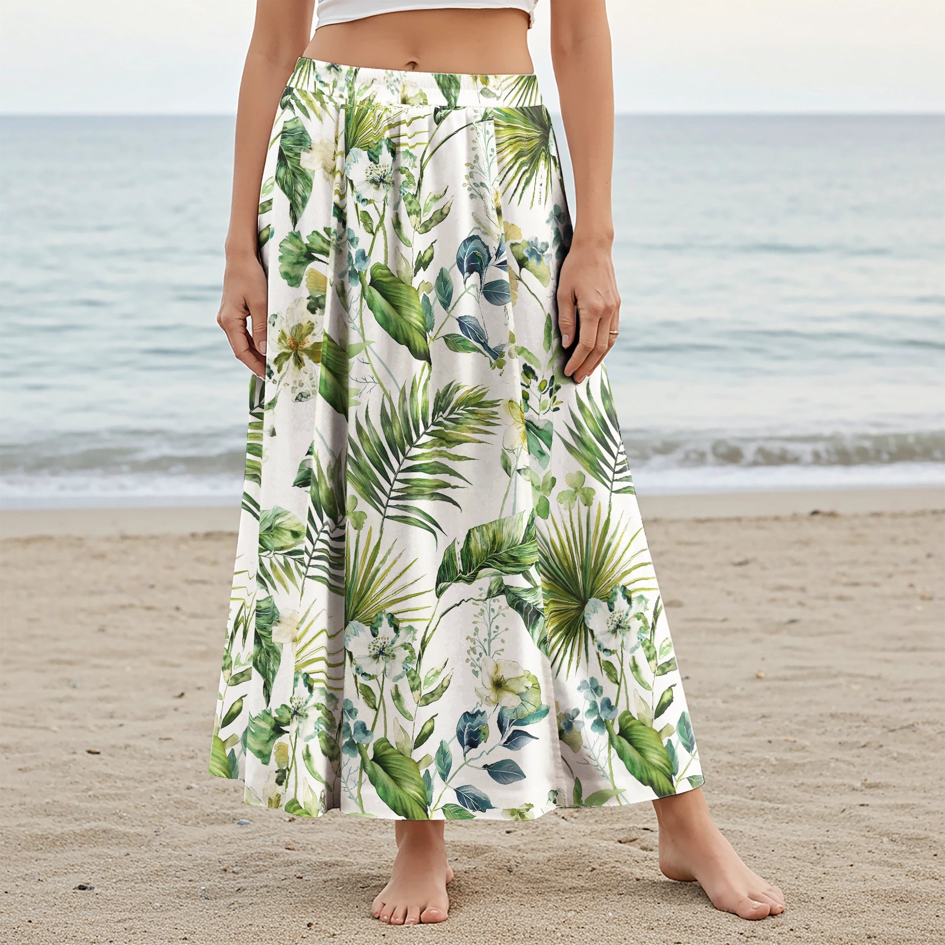 Women Casual Maxi Skirt Long Elastic Waist with Pockets 100% Cotton Green Aloha Fresh Rainforest Flowers