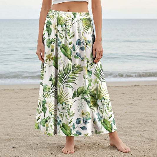 Women Casual Maxi Skirt Long Elastic Waist with Pockets 100% Cotton Green Aloha Fresh Rainforest Flowers