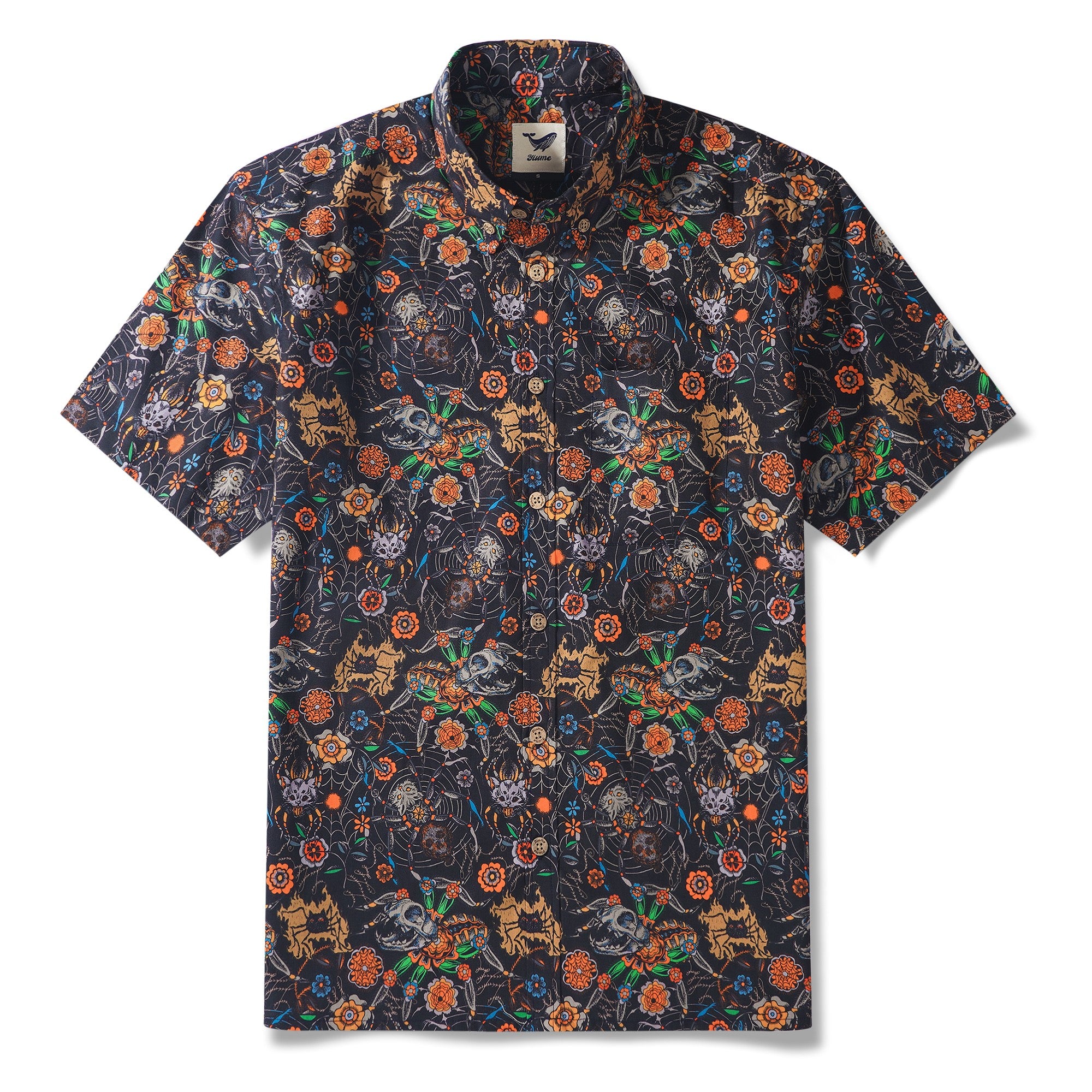 Men's Hawaiian Shirt Short Sleeve Button-down 100% Cotton Black Aloha Spider Cat