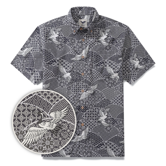 Gray Crane Men's Hawaiian Shirt with button-down collar