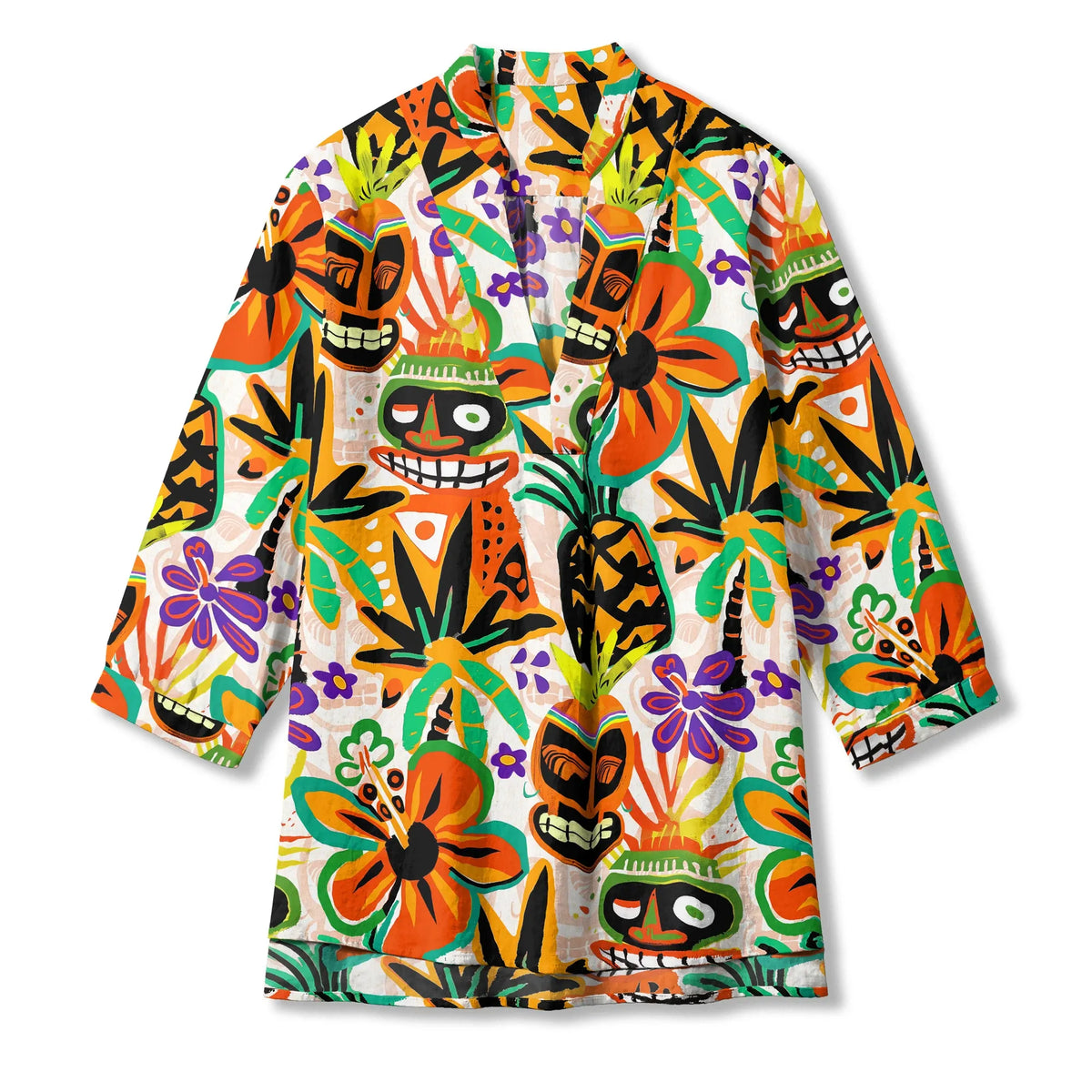 Yiume Tiki Totem Women's Blouse, orange, V-neck, floral design