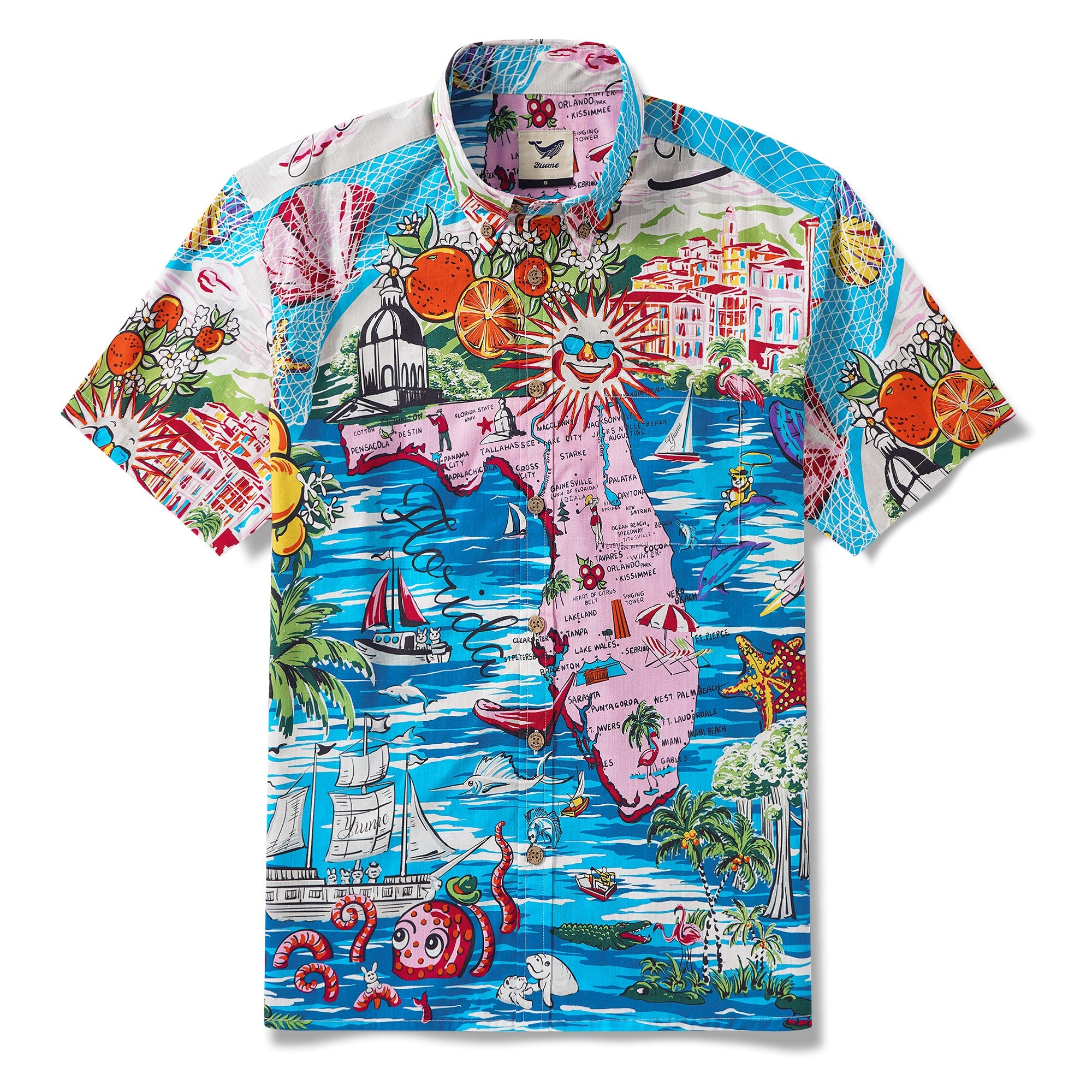 Men's Hawaiian Shirt Short Sleeve Button-down 100% Cotton Blue Aloha Florida Sunshine Coast