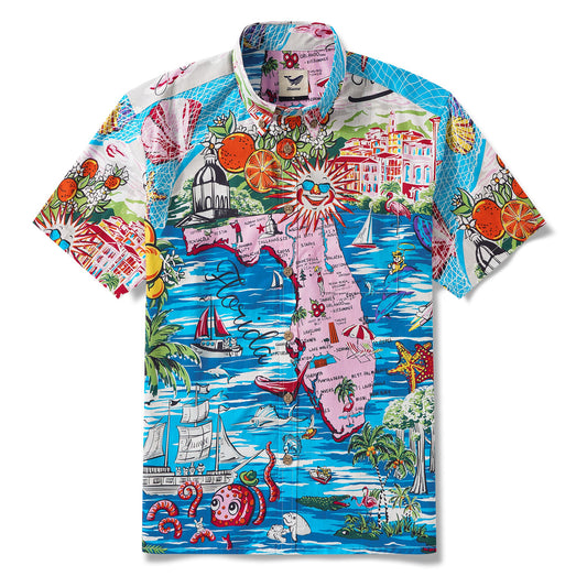 Men's Hawaiian Shirt Short Sleeve Button-down 100% Cotton Blue Aloha Florida Sunshine Coast