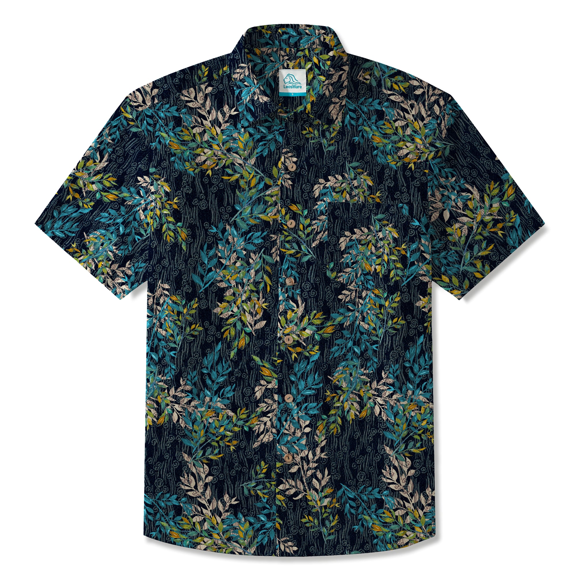 LeosWare® Men's Hawaiian Shirt Short Sleeve Button-up 100% Cotton Green Aloha Nightshade Blue Green Leaf