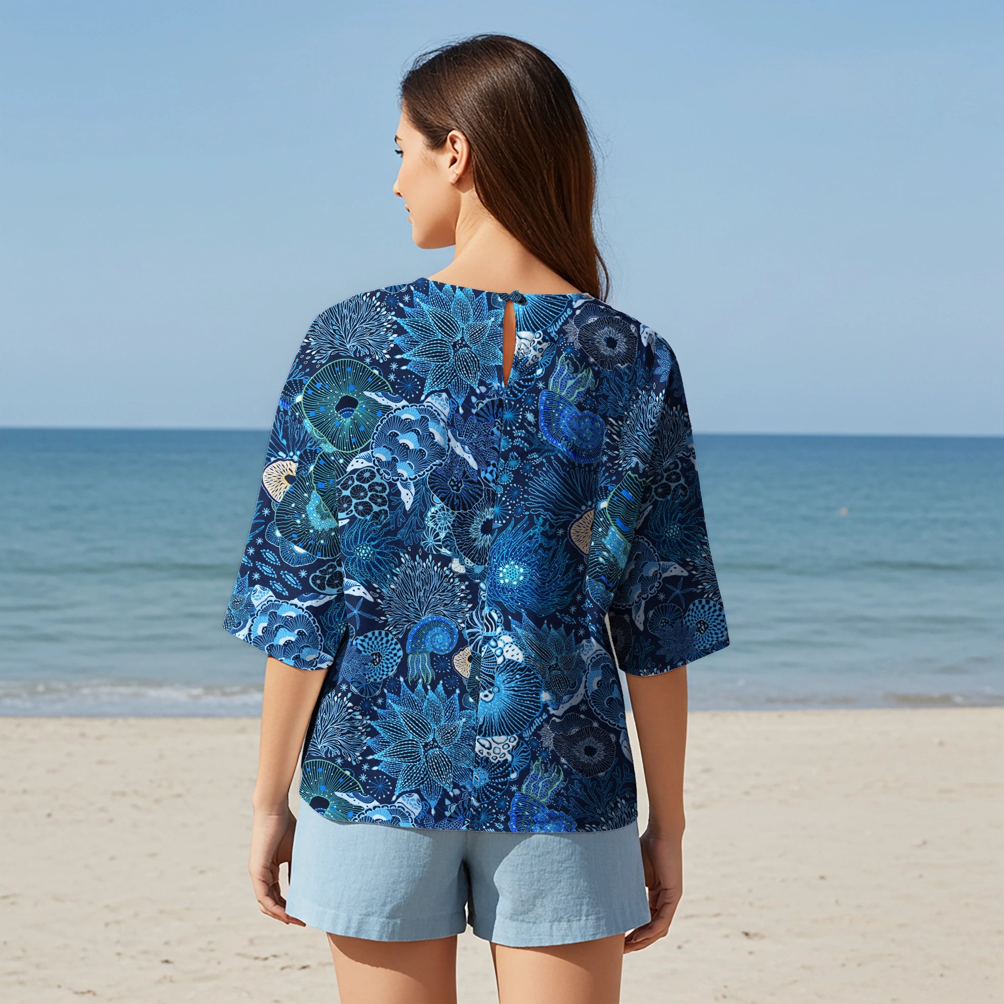 Women Casual Blouse Elbow Sleeve Crew Neck Button-Back 95% Lyocell, 5% Linen Blue Aloha Reef Rules