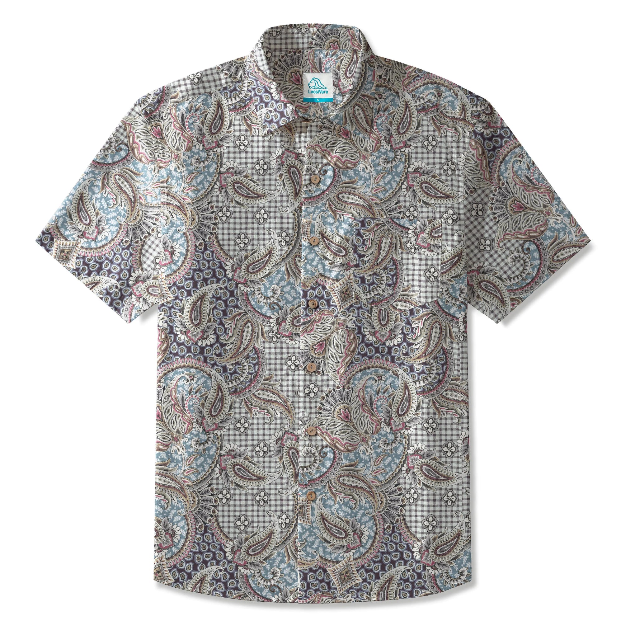 LeosWare® Men's Hawaiian Shirt Short Sleeve Button-up 100% Cotton Blue Aloha Elegant Retro Paisley