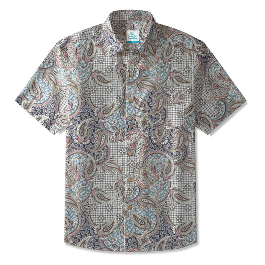 LeosWare® Men's Hawaiian Shirt Short Sleeve Button-up 100% Cotton Blue Aloha Elegant Retro Paisley