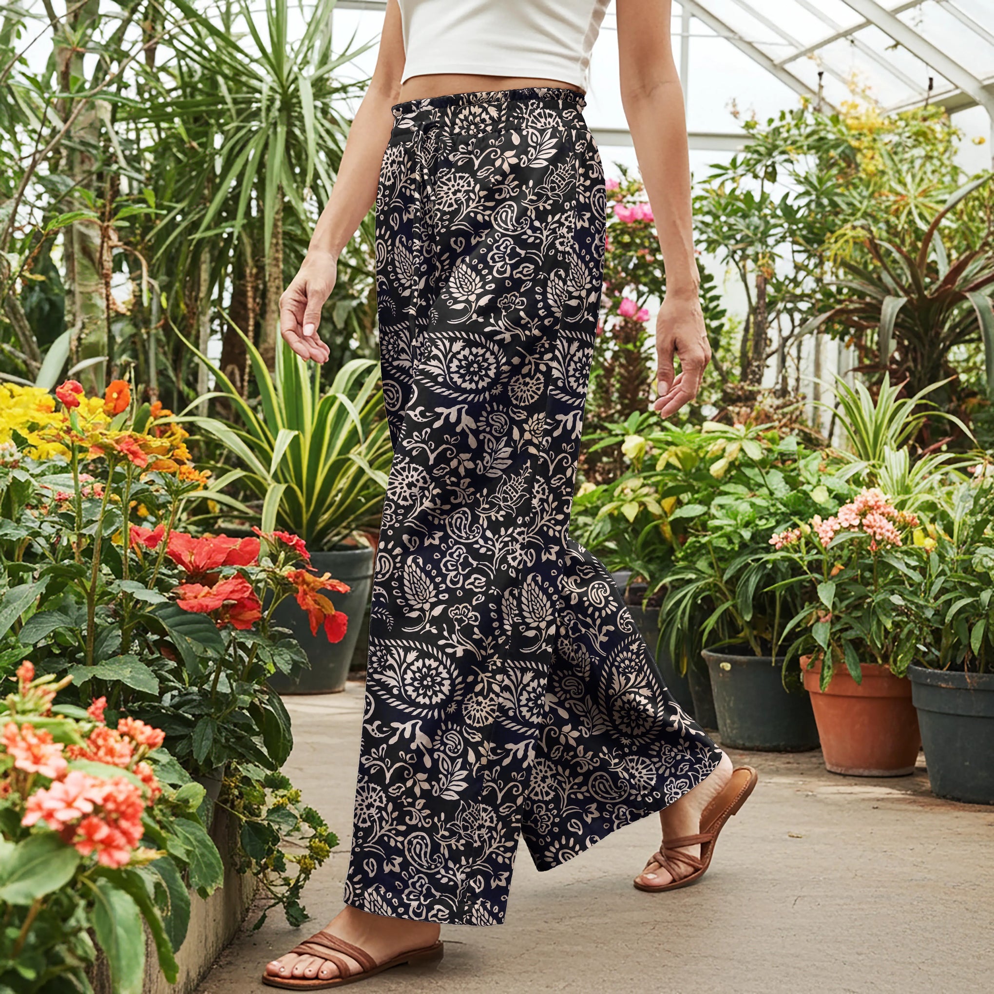 Women Casual Pants Lounge Elastic Waist Drawstring with Pockets 100% Cotton Black Aloha Elegant Paisley