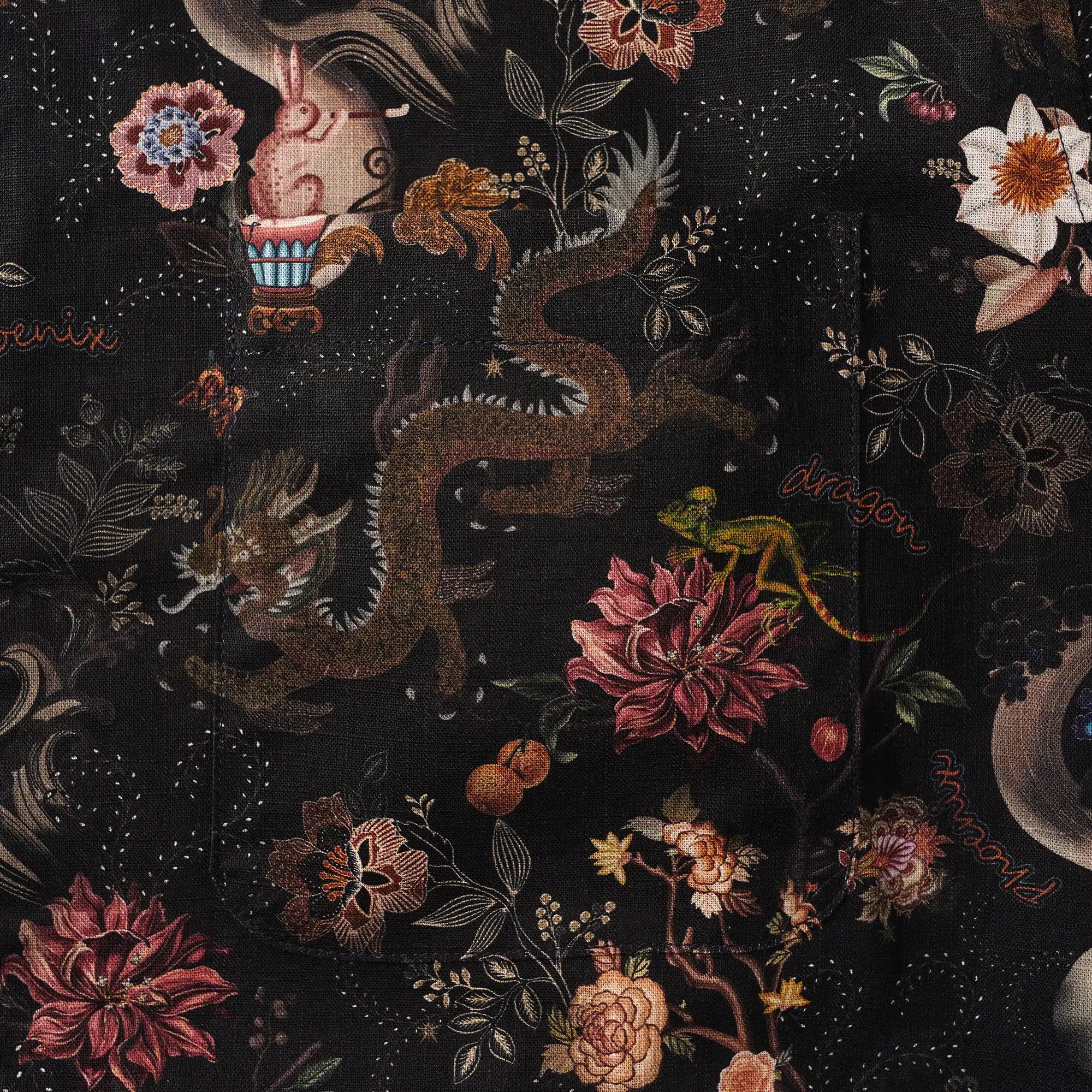 Men's Hawaiian Shirt Long Sleeve Button-down 100% Cotton Black Aloha Ink Charm Eastern Dream