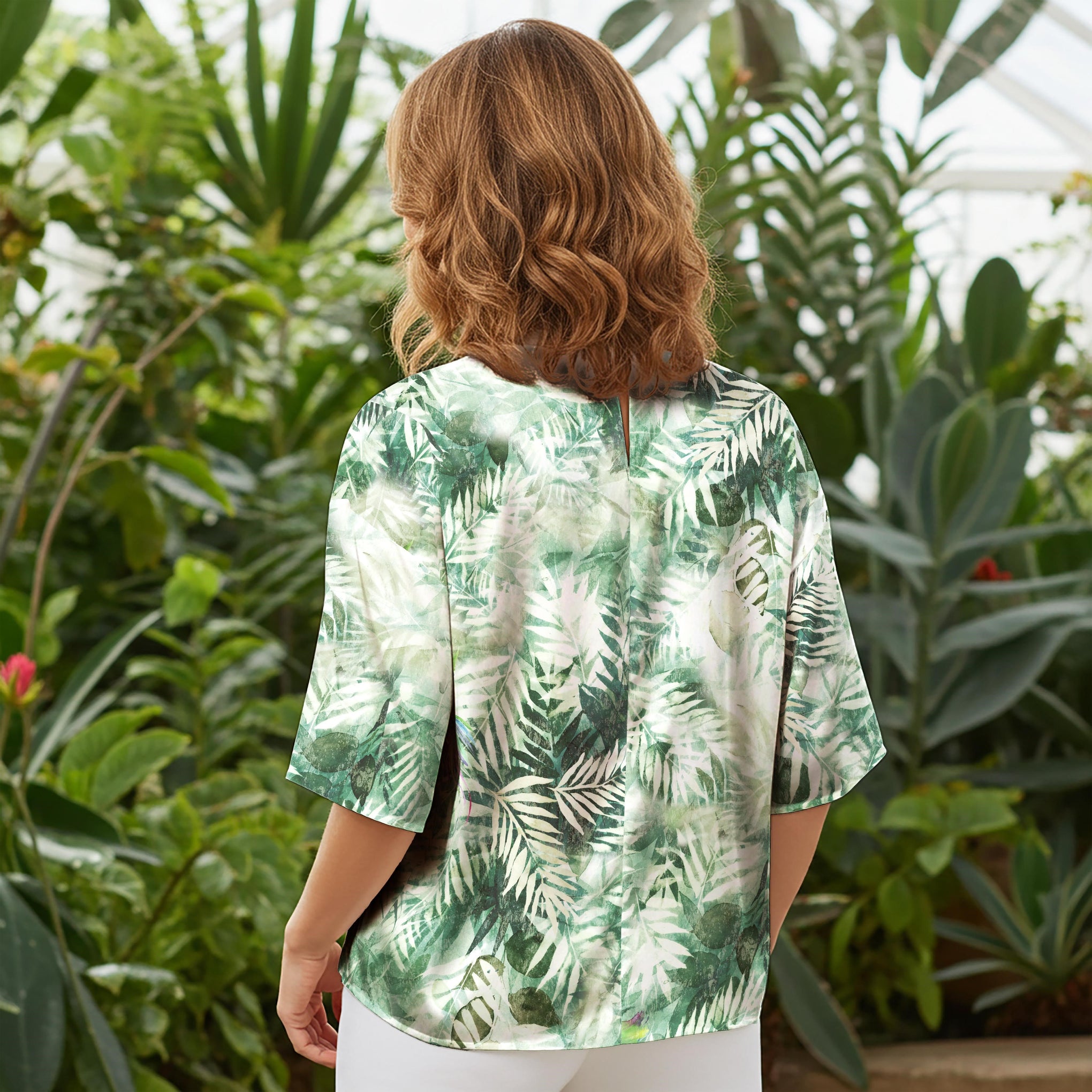 Women Casual Blouse Elbow Sleeve Round Neck Button-Back 100% Lyocell Green Aloha Tropical Aviary Paradise
