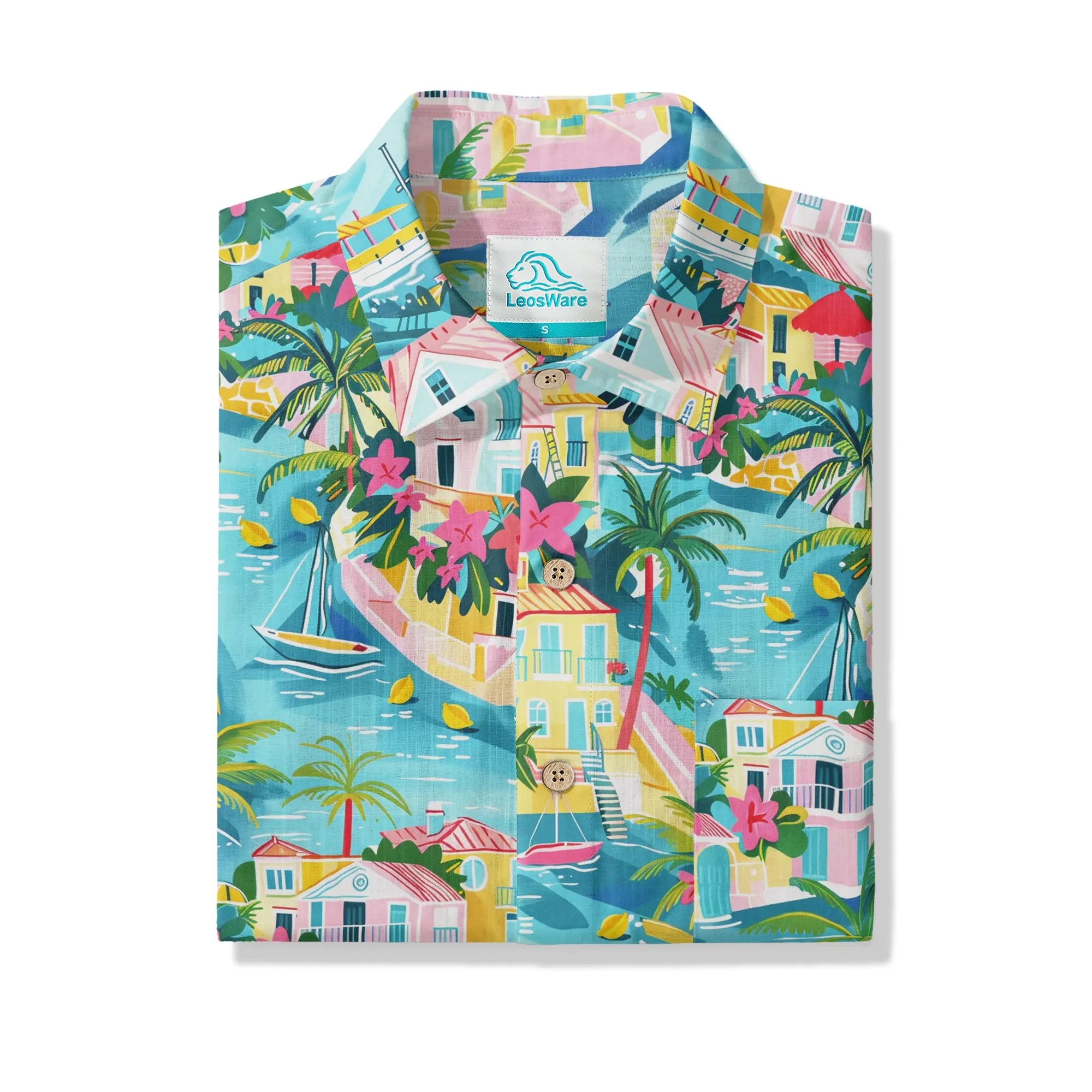 Men's short sleeve shirt, art-inspired tropical bay