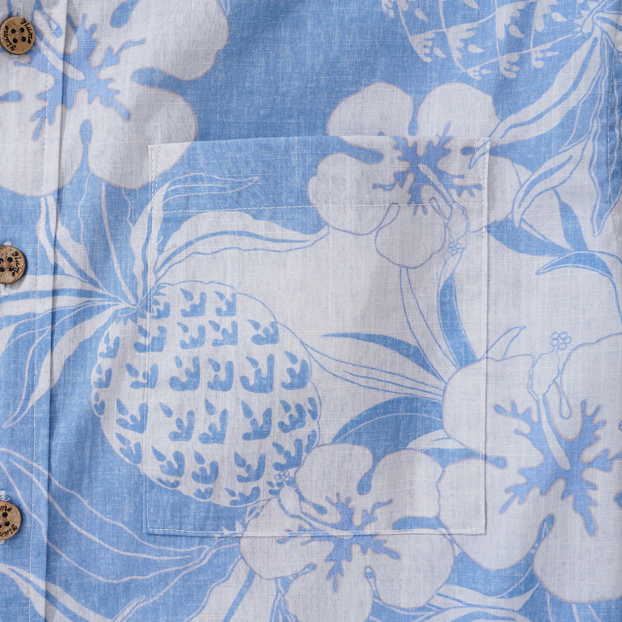 Chemise hawaïenne masculine à manches courtes à manches courtes 100% coton blue ananas et hibiscus hawaïen