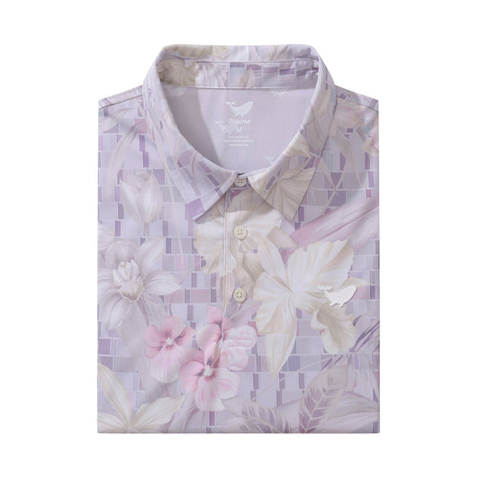 Camisa polo de manga corta para hombre en azul claro con estampado floral hawaiano