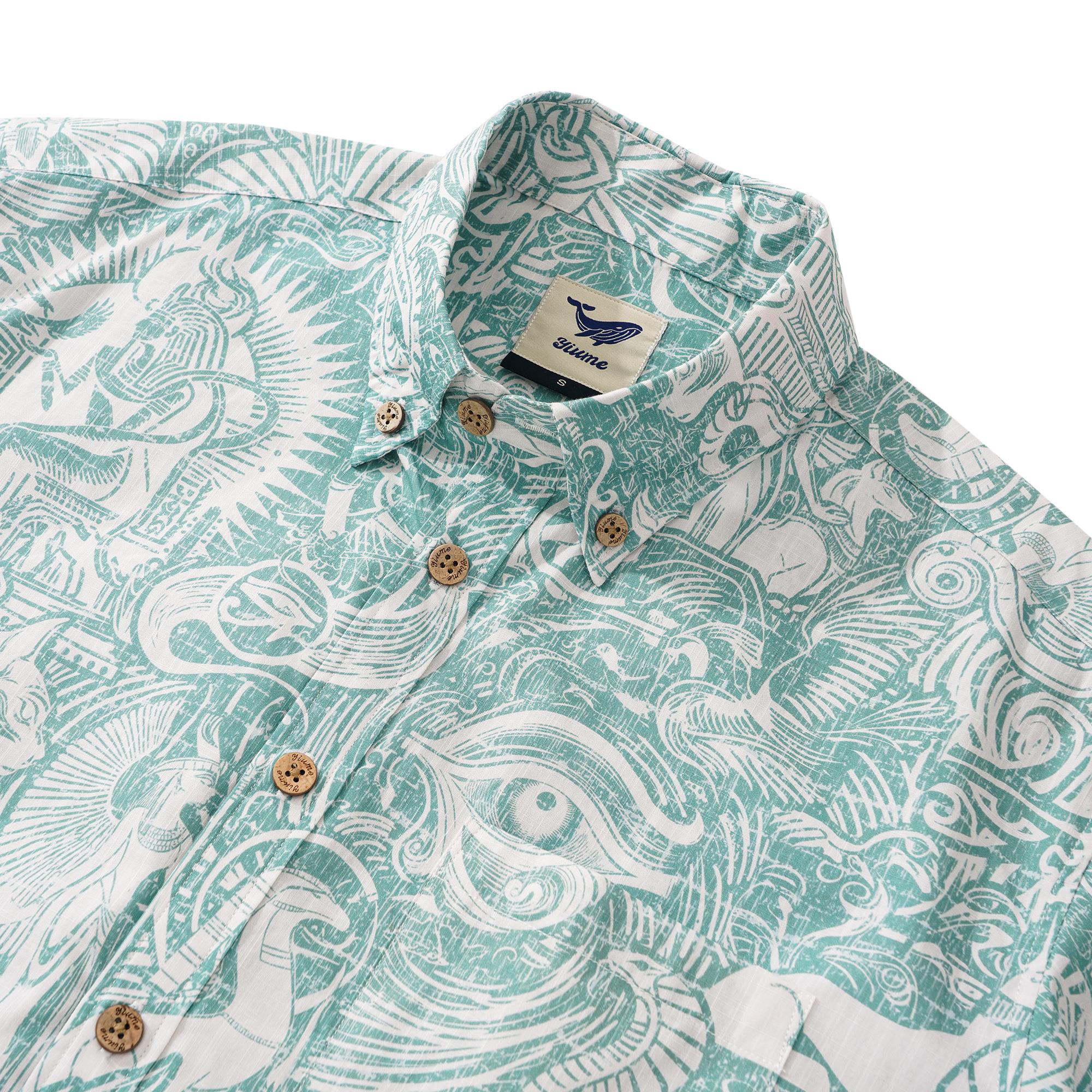 Chemise hawaïenne masculine à manches courtes à manches courtes 100% coton vert alloha mythes égyptiens