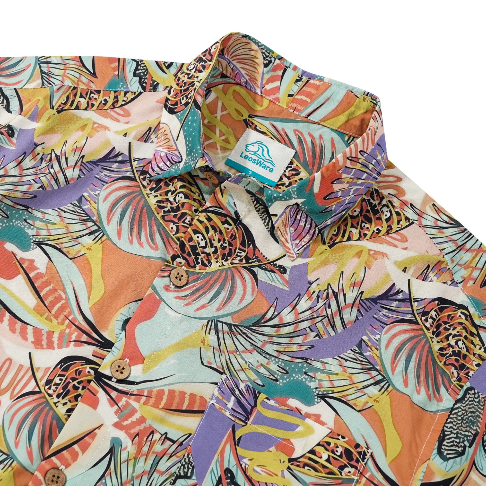 LeosWare® Men's Hawaiian Shirt Short Sleeve Button-up 100% Cotton Brown Aloha Tropical Plant Fusion Art Print