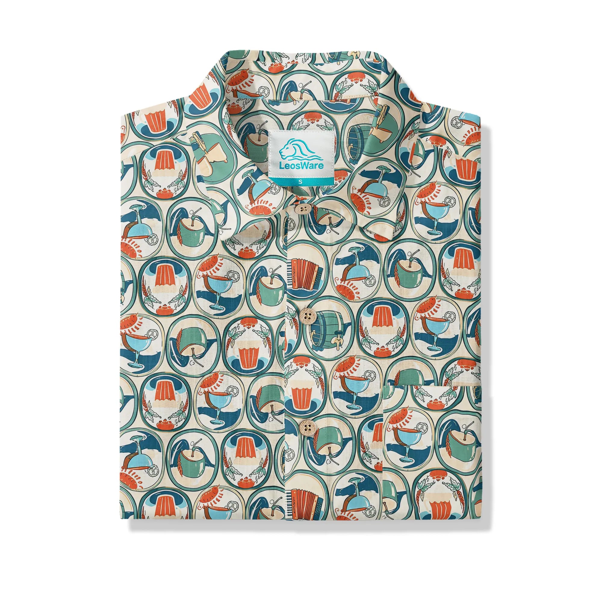 Men's Hawaiian shirt, oat-beige background, festival motif