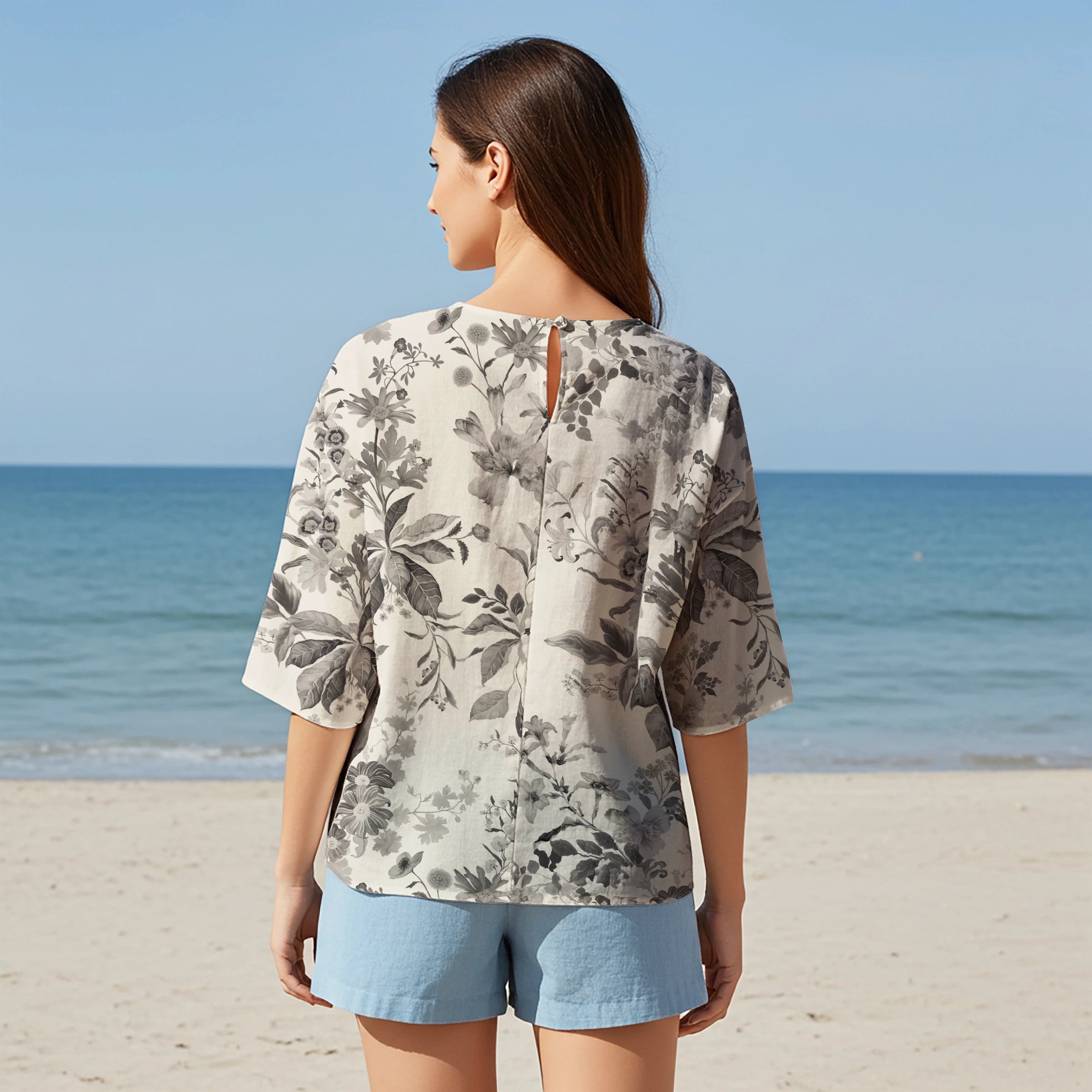 Women Casual Blouse Elbow Sleeve Round Neck Button-Back 95% Lyocell, 5% Linen Gray Aloha Vintage Countryside