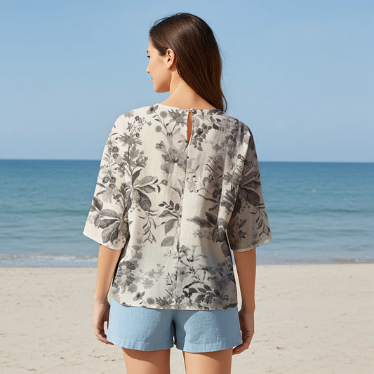 Women Casual Blouse Elbow Sleeve Round Neck Button-Back 95% Lyocell, 5% Linen Gray Aloha Vintage Countryside