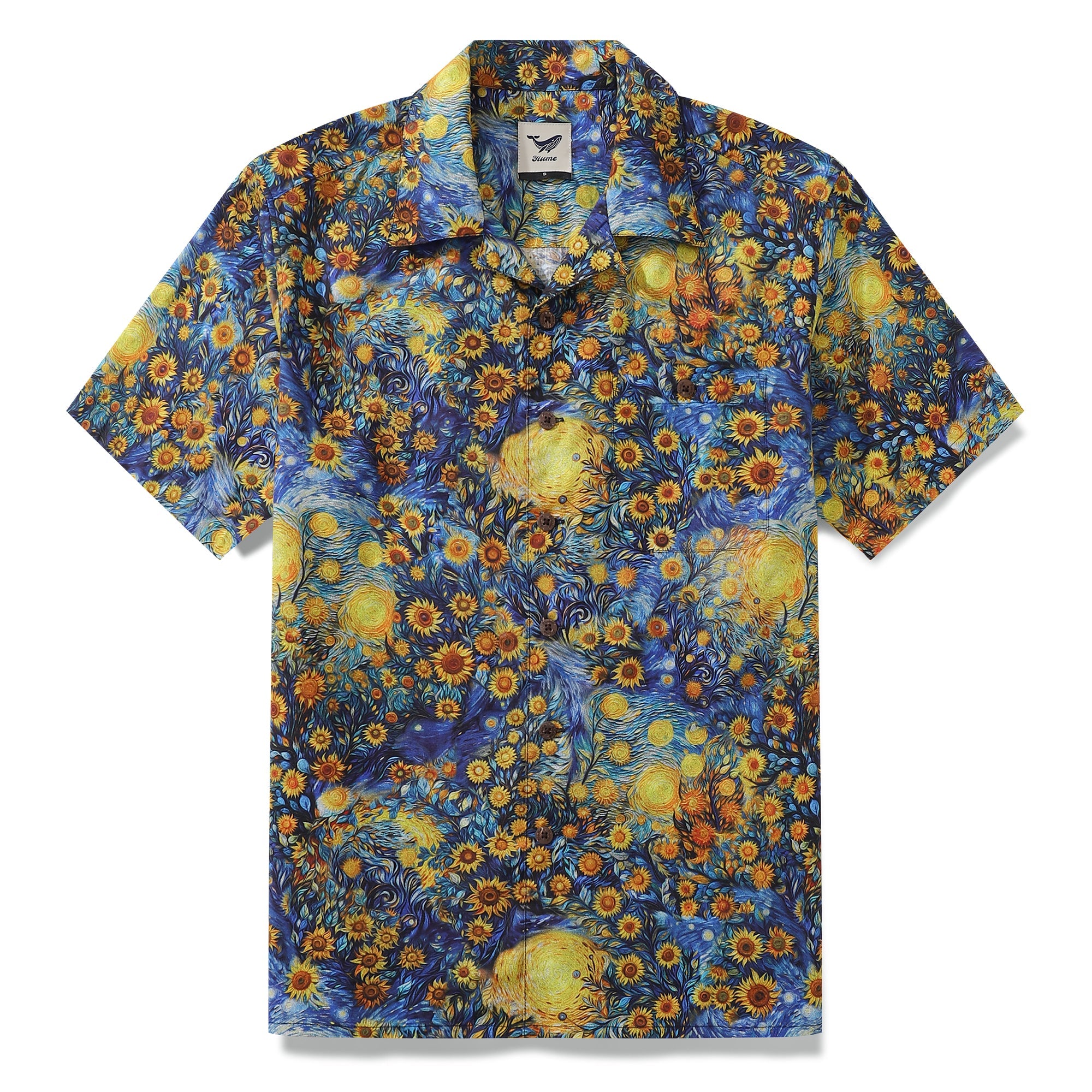1960er Vintage Hawaiian Shirt für Männer Van Gogh Sonnenblumen Shirt 100% Baumwolle Camp-Kragen Shirt