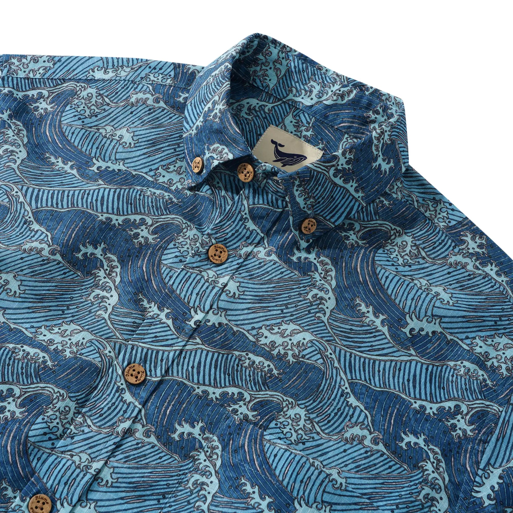 Men's Hawaiian Shirt Long Sleeve Button-down 100% Cotton Blue Aloha Surging Waves Of Ukiyo-e