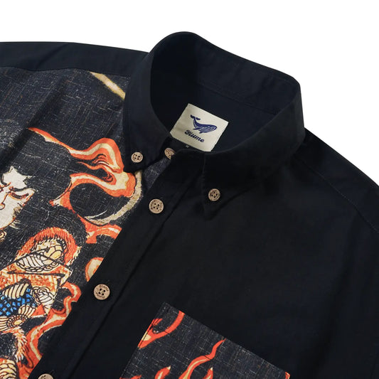 Back view of black Hawaiian shirt with Japanese art
