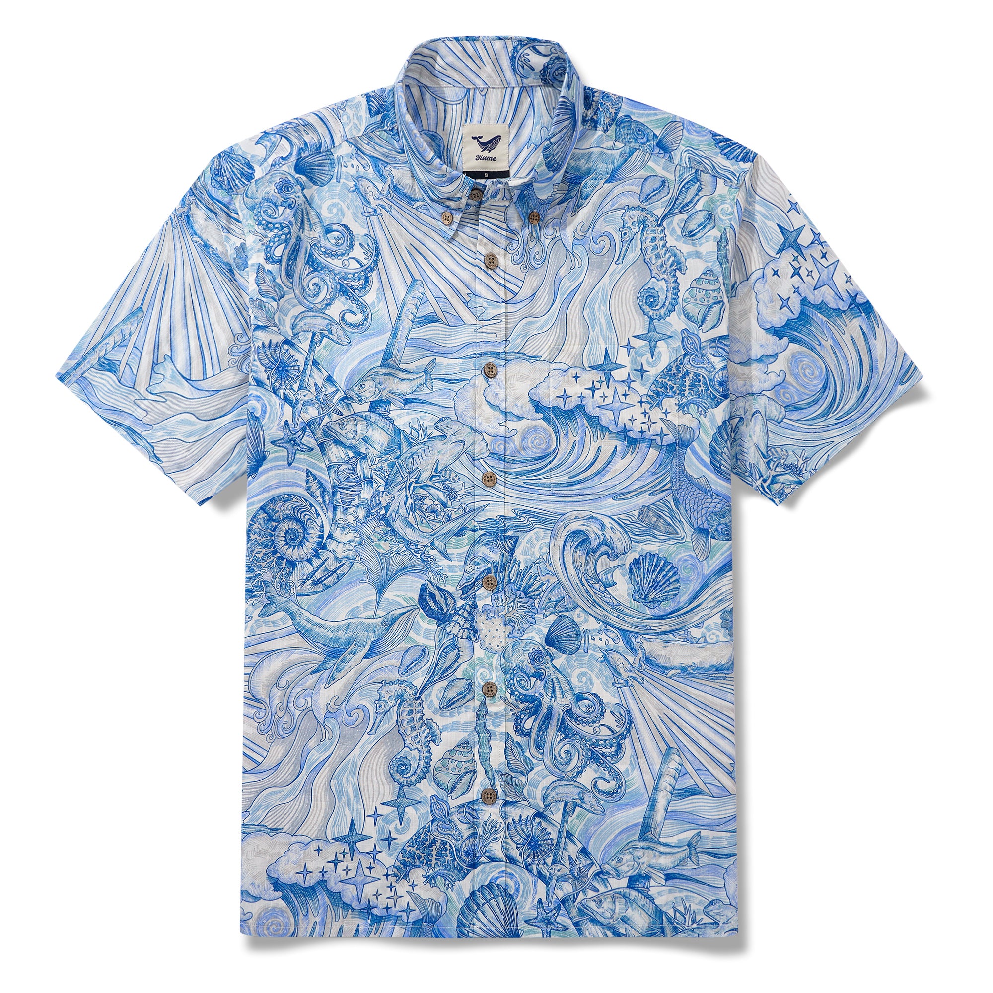 Chemise hawaïenne pour homme à manches courtes, boutonnée, 100 % coton, bleue, Aloha Rêve de l'Océan