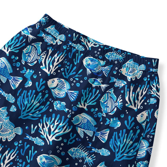 Blue Coral Aloha pants, elastic waist, pockets, ocean vibes