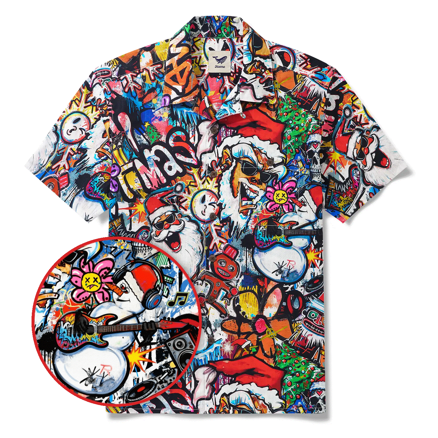 Men's Hawaiian Shirt Short Sleeve Camp Collar 100% Cotton White Aloha Laughing Santa Xmas Fiesta