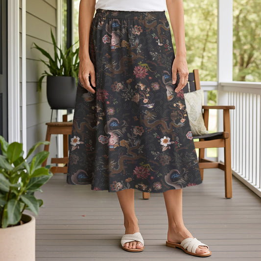 Women Casual Maxi Skirt Long Elastic Waist with Pockets 100% Cotton Black Aloha Ink Charm Eastern Dream