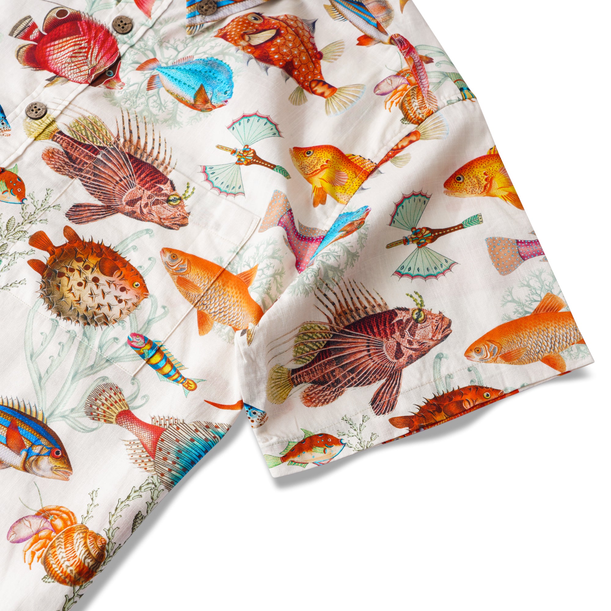 Chemise Yiume pour hommes à motif de poissons tropicaux 100 % coton, chemise hawaïenne à manches courtes, à boutons, couleur beige, chemise Aloha.