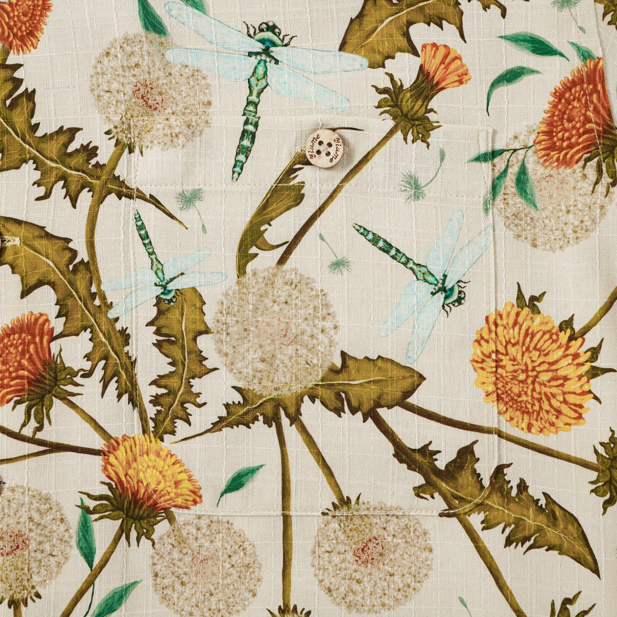 Men's Hawaiian Shirt Short Sleeve Camp Collar 100% Silk Yellow Aloha Dandelions And Dragonflies By Silver Steer Design