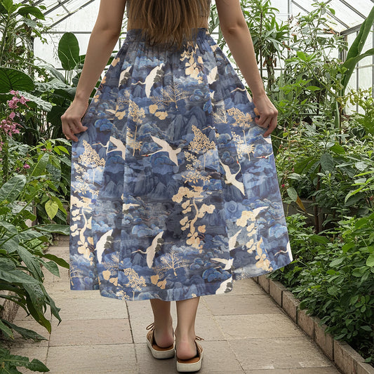 Women Casual Maxi Skirt Long Elastic Waist with Pockets 100% Cotton Blue Aloha Oriental Crane Landscape