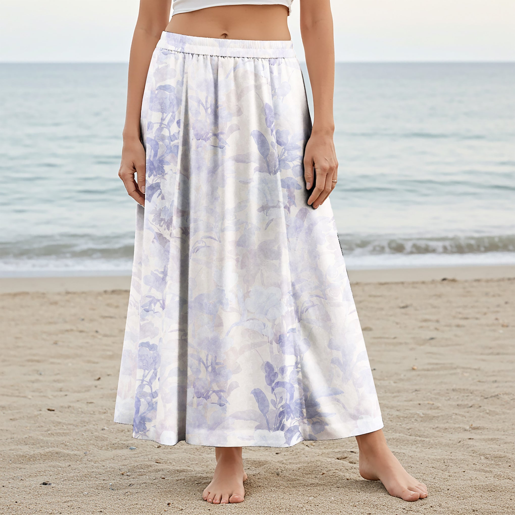 Women Casual Maxi Skirt Long Elastic Waist with Pockets 100% Cotton Purple Aloha Soft Haze Blossom