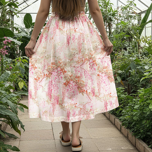 Women Casual Maxi Skirt Long Elastic Waist 100% Cotton Aloha Romantic Pink Vine