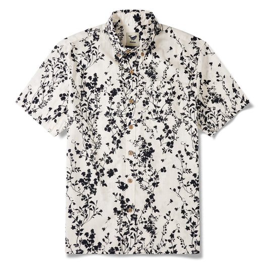 Men's Hawaiian Shirt Short Sleeve Button-down 100% Cotton Beige Aloha Ink Vine Whisper