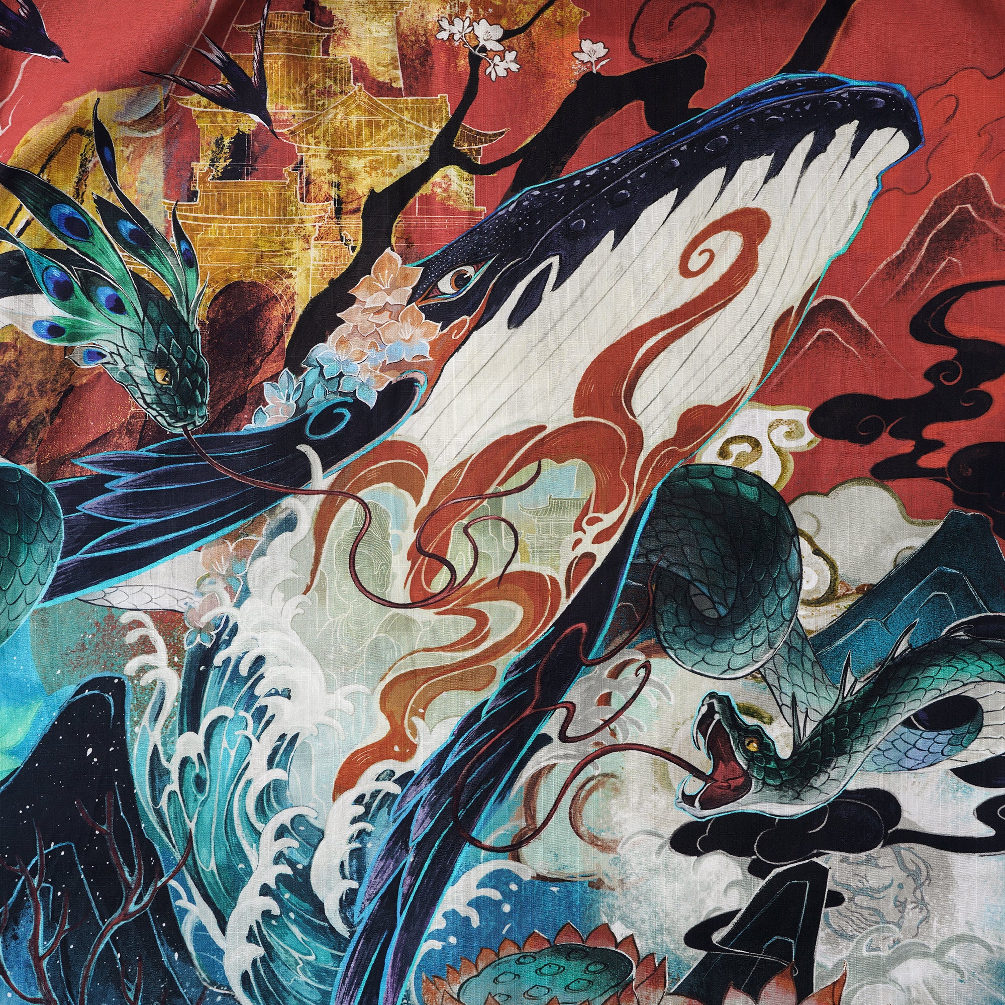 Chinese Art Hawaiian Shirt 100% Cotton Men's Short Sleeve Button-down Red Aloha Shirt Dunhuang Whale Art Shirt