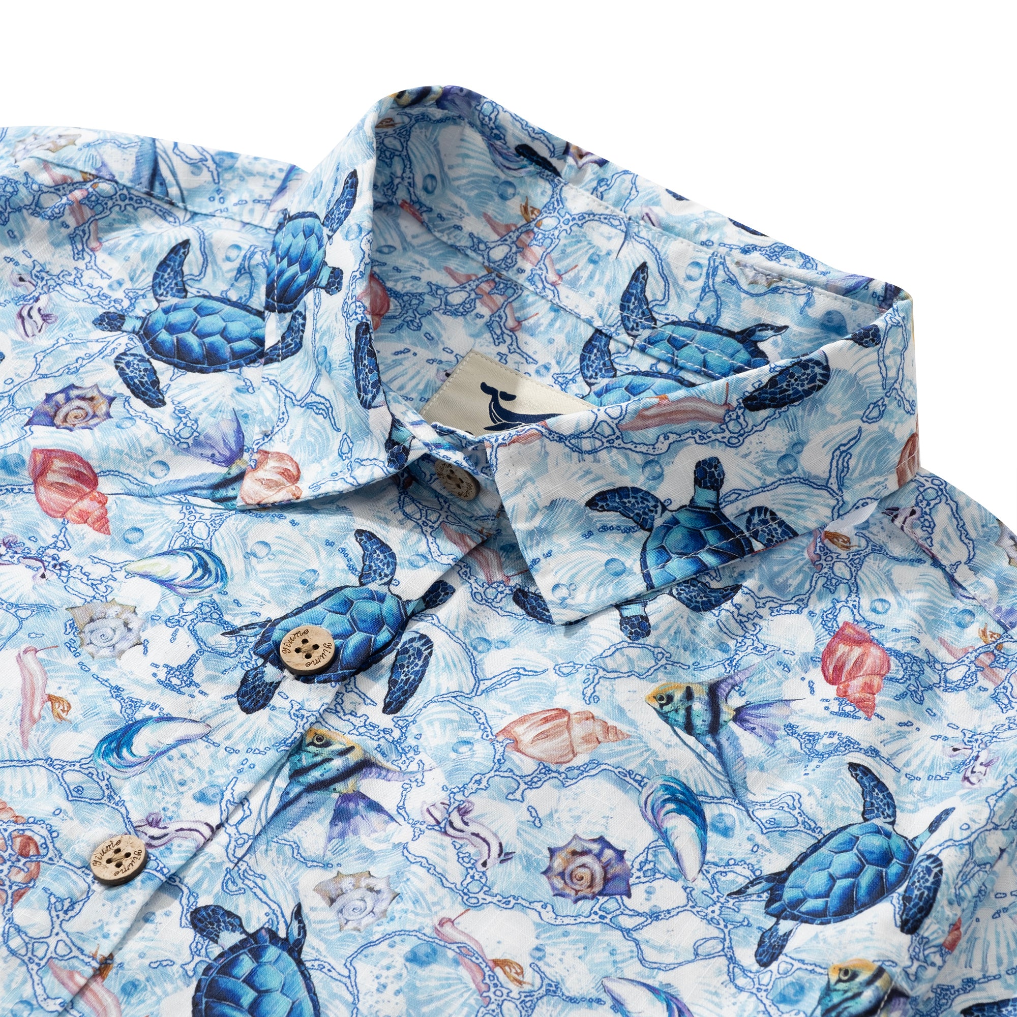 Women's Hawaiian Shirt Short Sleeve Button-up 100% Cotton Blue Aloha Wandering Turtle