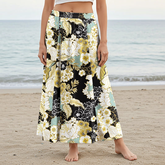 Women Casual Maxi Skirt Long Elastic Waist with Pockets 100% Cotton Black Aloha Golden Floral Design