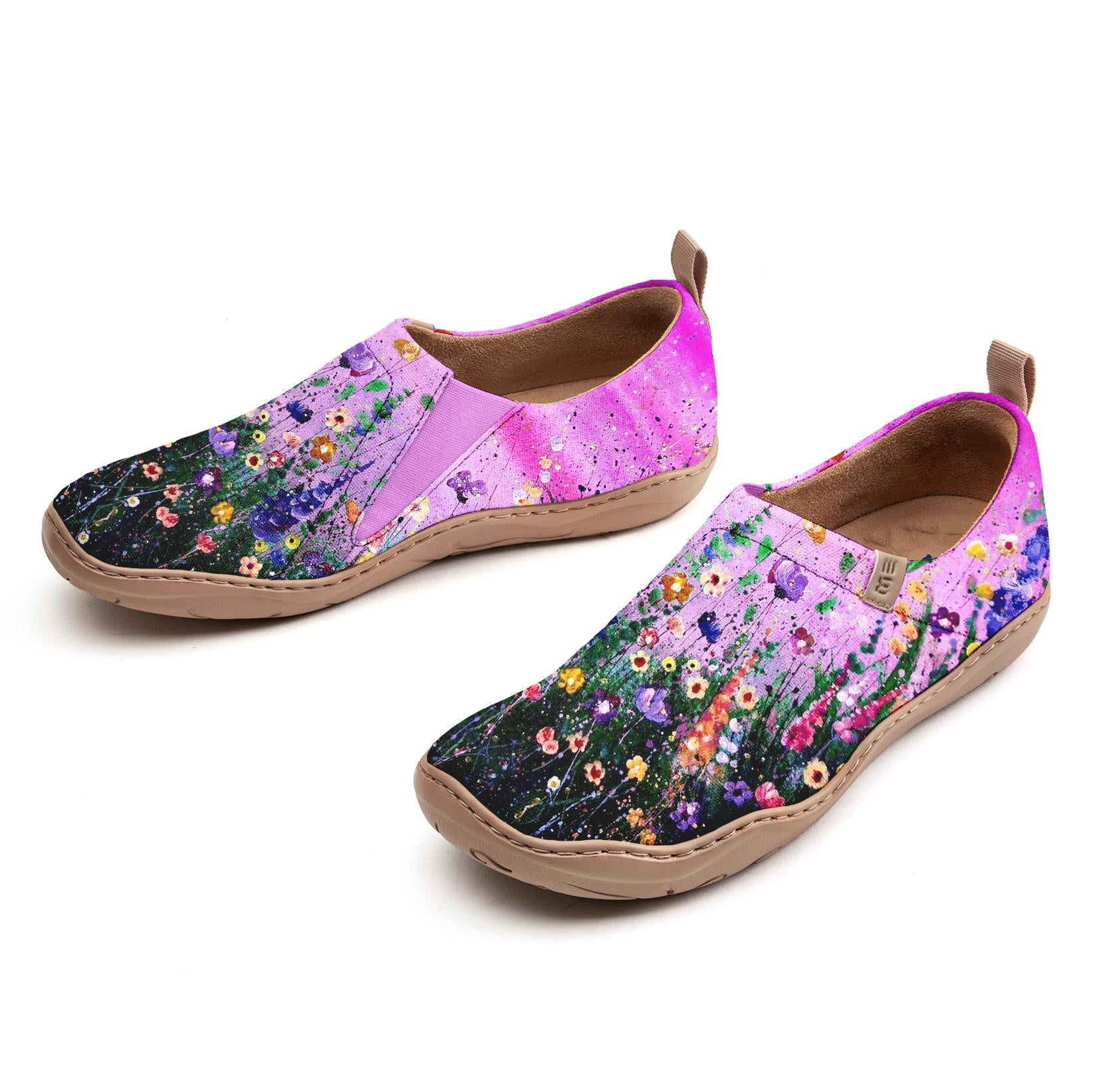 Yiume Frauenkunst Slip-on lässige Leinwandschuhe rosa Hibiscus Blüte gemalt, 100% Baumwollviolette Sternenhimmelblüte
